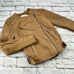 Treasure & Bond Leather Moto Bomber Jacket Womans Sz XS Crop Fitted Super Soft